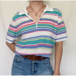 Alfred Dunner | Vintage Colorful Striped Collared Quarter-Zip Top